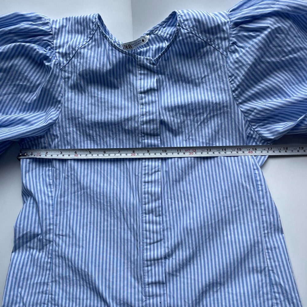 Zara Cotton Puff Sleeve Blouse Blue Stripe Small - Picture 8 of 9